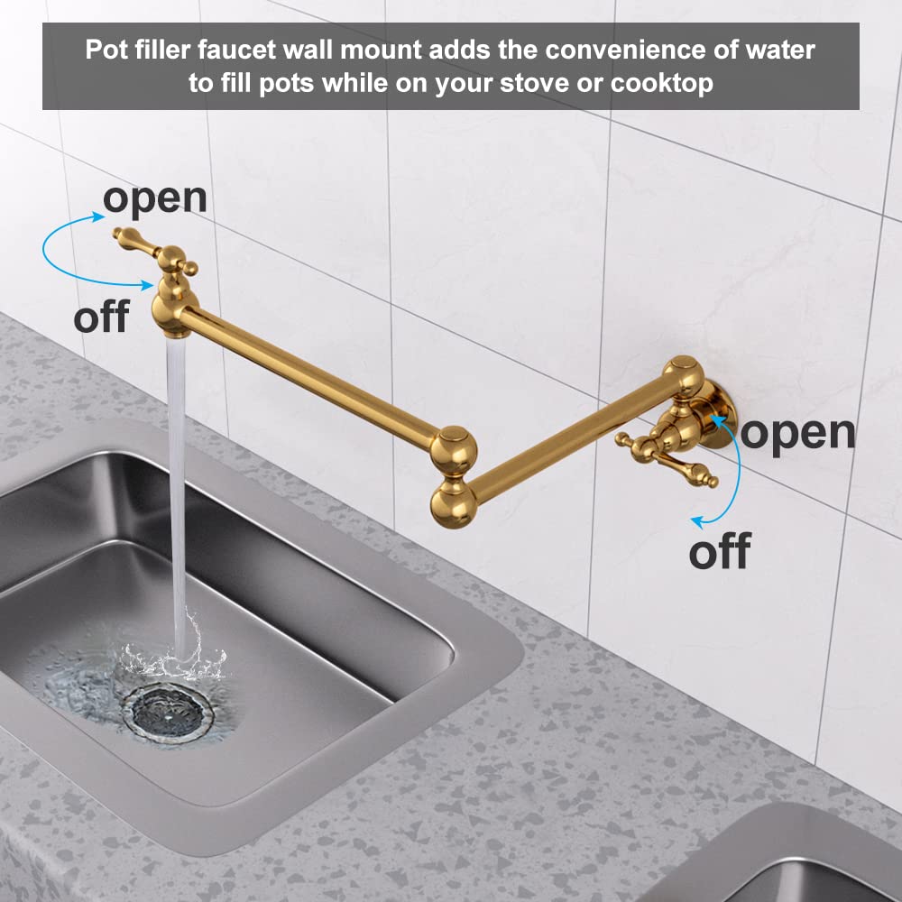 KATAIS Wall Mount Copper Pot Filler Faucet Rotatable Golden Kitchen Brass Faucet Single Hole 2 Handle Stretchable Double Joint Swing Arm Folding Faucet