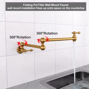 KATAIS Wall Mount Copper Pot Filler Faucet Rotatable Golden Kitchen Brass Faucet Single Hole 2 Handle Stretchable Double Joint Swing Arm Folding Faucet