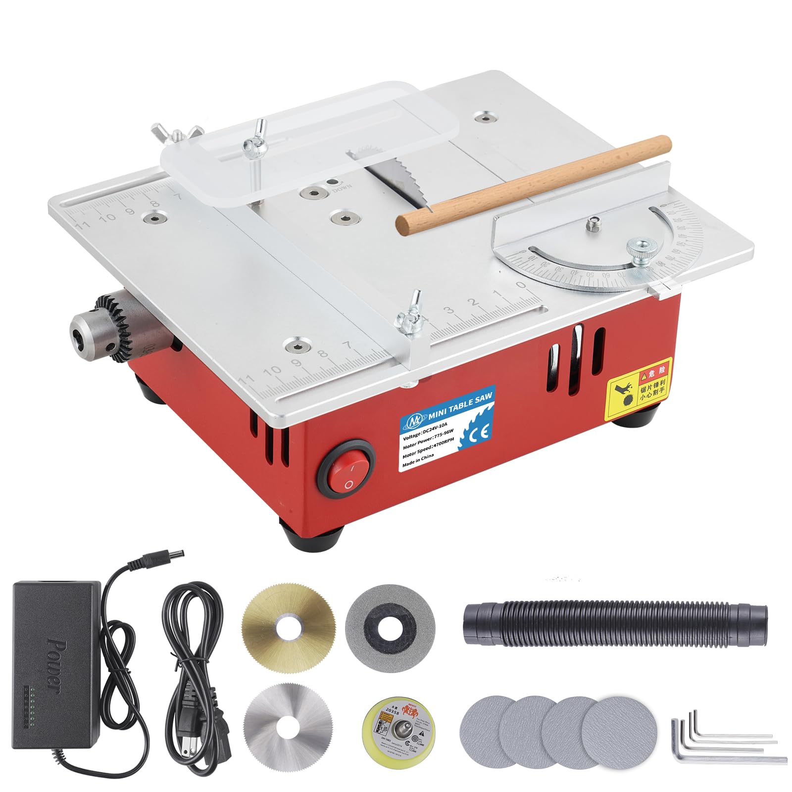 MXBAOHENG Mini Table Saw Small Precision Hobby Table Saw, 1/2" Adjustable Cut Depth, w/Chuck, Sanding Disc, 96W Adjustable Speed Power Supply, for PCB/Wood/Plastic Cutting