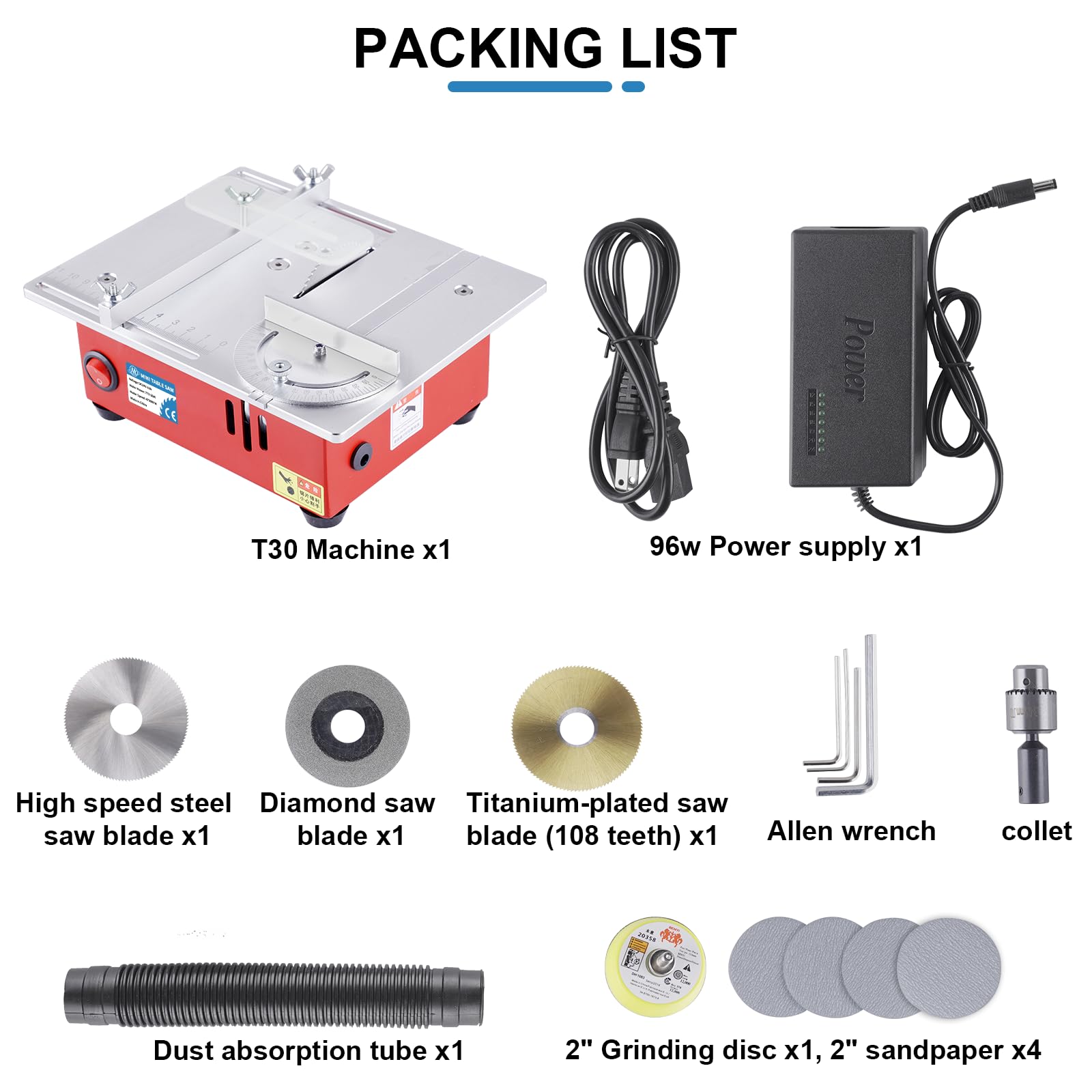 MXBAOHENG Mini Table Saw Small Precision Hobby Table Saw, 1/2" Adjustable Cut Depth, w/Chuck, Sanding Disc, 96W Adjustable Speed Power Supply, for PCB/Wood/Plastic Cutting