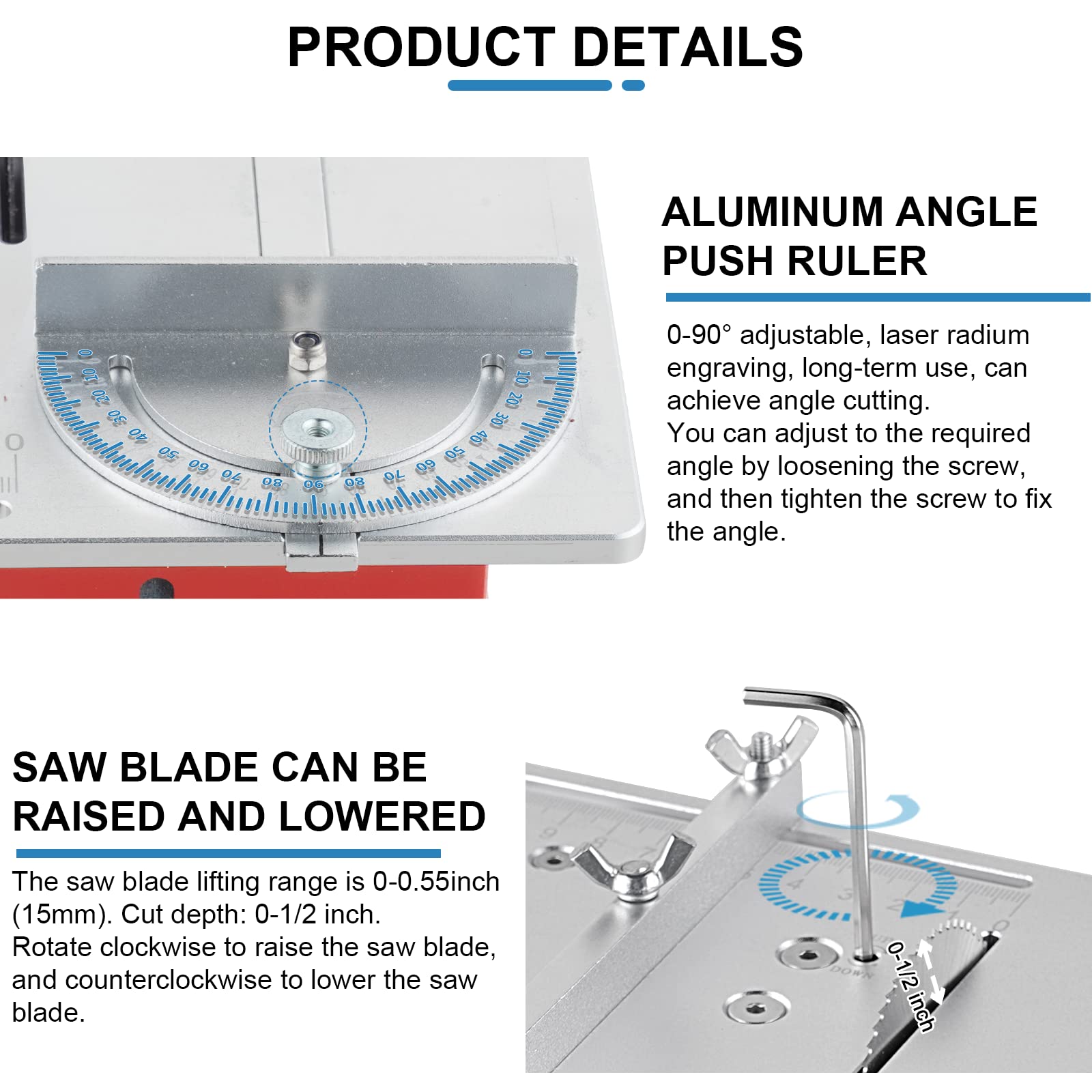 MXBAOHENG Mini Table Saw Small Precision Hobby Table Saw, 1/2" Adjustable Cut Depth, w/Chuck, Sanding Disc, 96W Adjustable Speed Power Supply, for PCB/Wood/Plastic Cutting