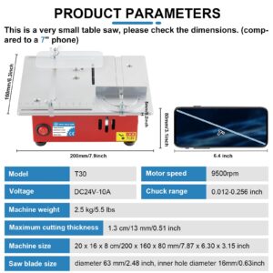 MXBAOHENG Mini Table Saw Small Precision Hobby Table Saw, 1/2" Adjustable Cut Depth, w/Chuck, Sanding Disc, 96W Adjustable Speed Power Supply, for PCB/Wood/Plastic Cutting