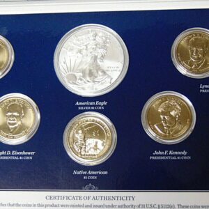 2015 W US Mint 6-Coin Annual Uncirculated Dollar Coin Set with Satin Dollars and Burnished Silver Eagle $1 Brilliant Uncirculated (BU)