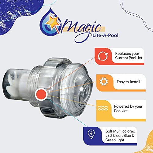 Magic Lite-A- Pool | New and Improved | Jet with LED Lights Provide Mood Pool Lighting w/o Batteries | Powered by Pool Jets | No Tools Req’d Simply Screw in & Replace Your Standard 1.5” Jet Return