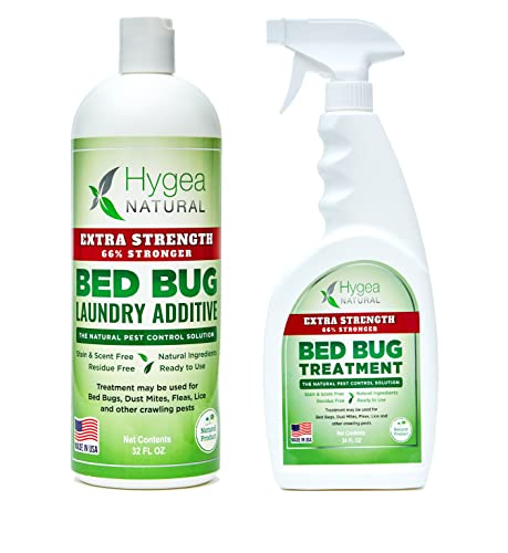 Hygea Natural Extra Strength Bed Bug, Lice and Mite Spray Treatment kit - Natural Non Toxic, Safe & Odorless. Includes: 24 Oz bed bug spray and 32 Oz bed bug laundry additive