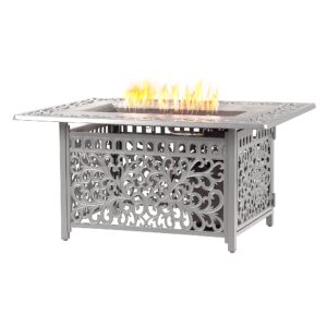 rectangular 48 in. x 36 in. aluminum propane fire pit table, glass beads, two covers, lid, 57,000 btus in grey finish