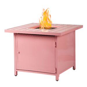 square 32 in. x 32 in. aluminum propane fire pit table with glass beads, two covers, lid, 37,000 btus in pink finish