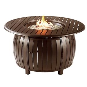 round 44 in. x 44 in. aluminum propane fire pit table with glass beads, two covers, lid, 57,000 btus in brown finish