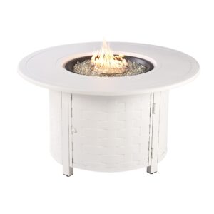 round 44 in. x 44 in. aluminum propane fire pit table with glass beads, two covers, lid, 57,000 btus in white finish