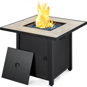 yaheetech 30" propane gas fire pit table 50,000 btu square gas fire table with ceramic tabletop and blue fire glass for outdoor /patio with rattan pattern steel base/lid, black