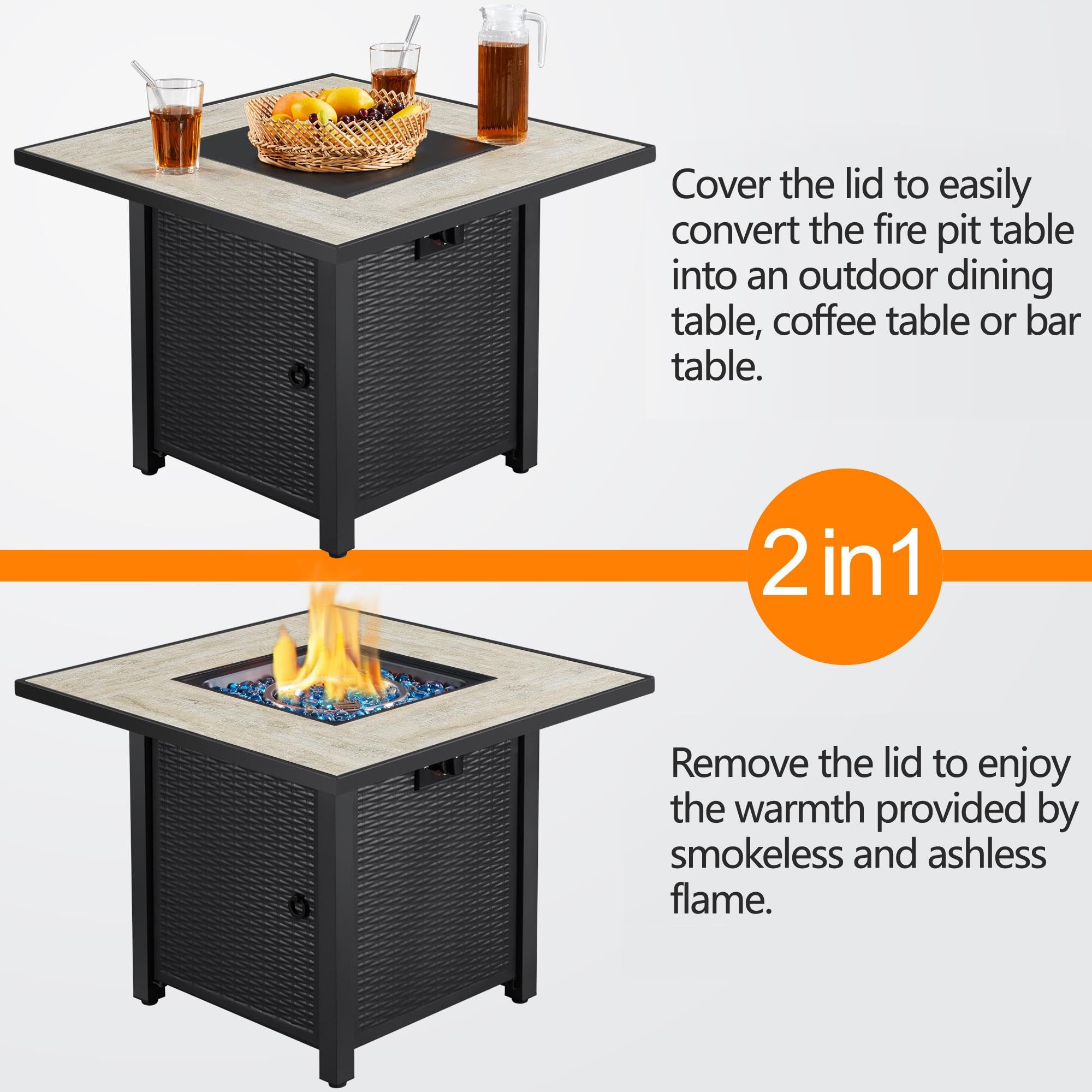 Yaheetech 30" Propane Gas Fire Pit Table 50,000 BTU Square Gas Fire Table with Ceramic Tabletop and Blue Fire Glass for Outdoor /Patio with Rattan Pattern Steel Base/Lid, Black