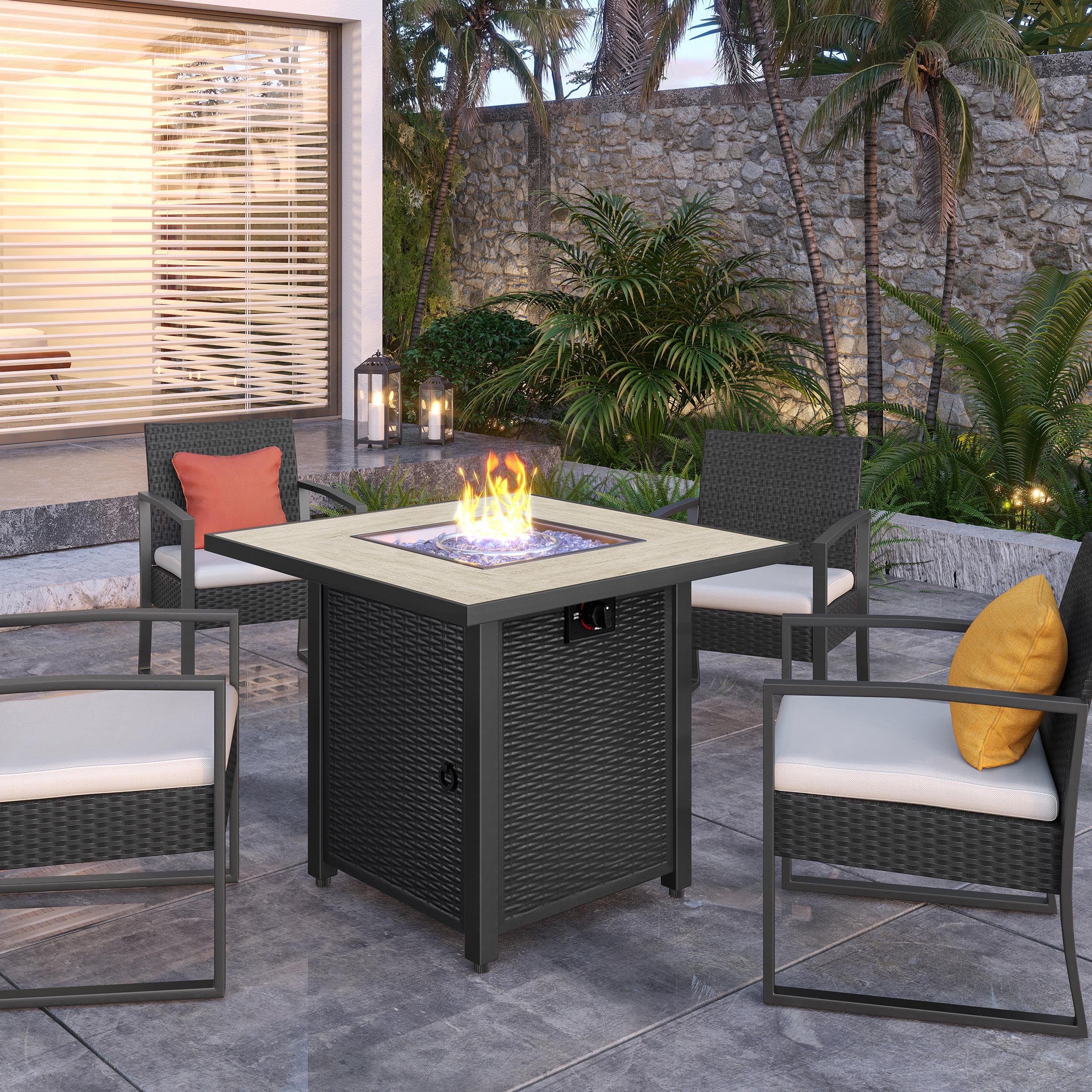 Yaheetech 30" Propane Gas Fire Pit Table 50,000 BTU Square Gas Fire Table with Ceramic Tabletop and Blue Fire Glass for Outdoor /Patio with Rattan Pattern Steel Base/Lid, Black
