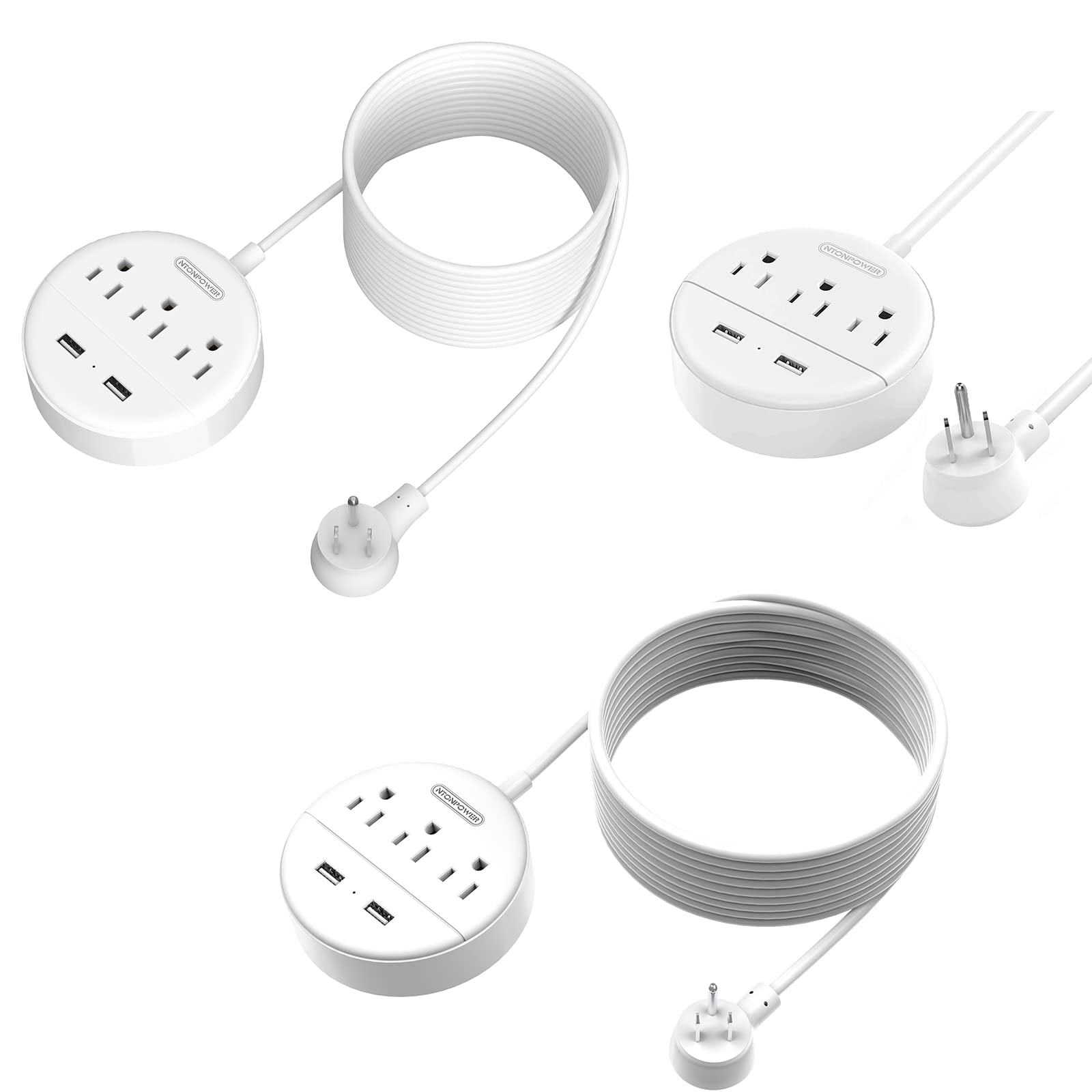 NTONPOWER Power Strip Flat Plug Bundle, 3 Outlets 2 USB Compact Power Strip with 25ft and 15ft Cord and 5ft Cord, Right Angle Plug for Office, Home, Nightstand