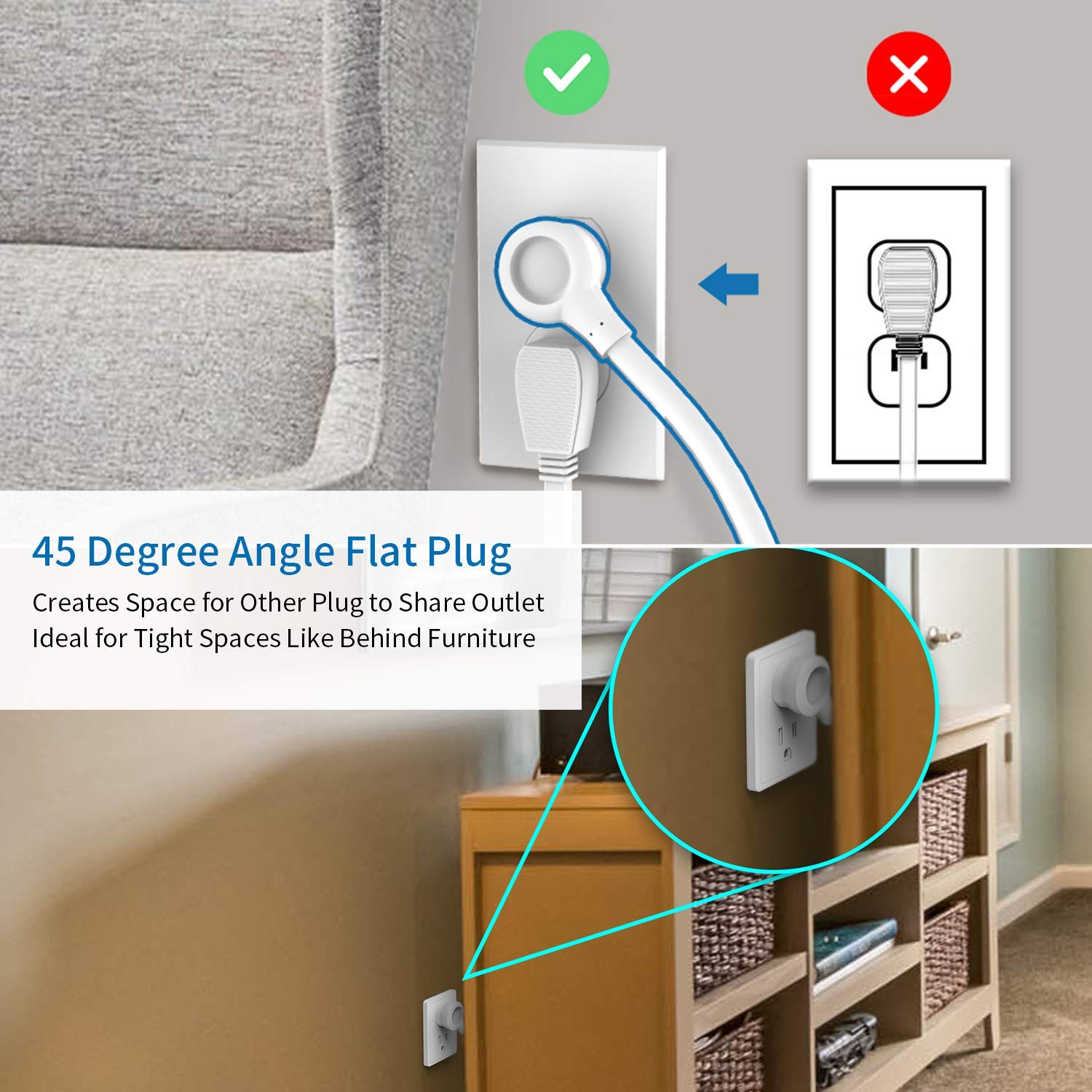 NTONPOWER Power Strip Flat Plug Bundle, 3 Outlets 2 USB Compact Power Strip with 25ft and 15ft Cord and 5ft Cord, Right Angle Plug for Office, Home, Nightstand