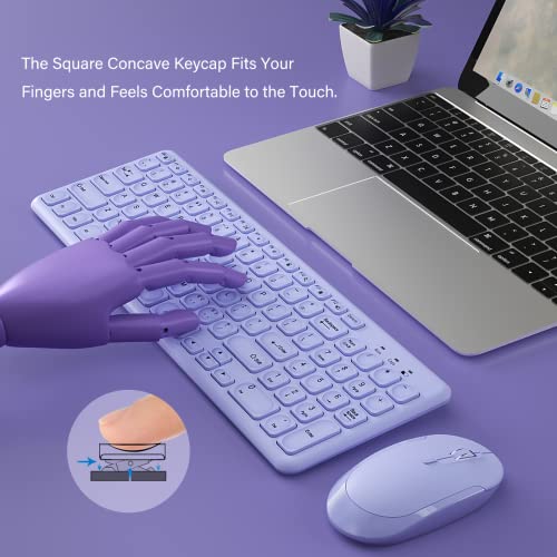 Wireless Ergonomic Keyboard and Mouse Combo, Sweet Mixed Color Cute Keyboard, 2.4G USB, Compatible with Computer, Laptop, PC Desktops, mac (Purple)