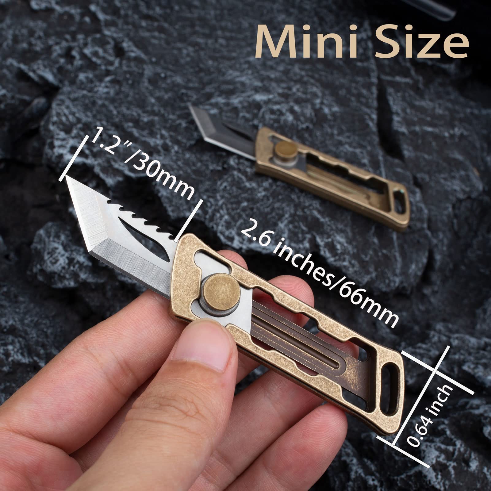 TENCHILON TK26 Mini Retractable Utility Box Cutter Keychain Knife, 1.2 inches D2 Tanto Blades, 2.6 inches Tumbled Skeletonized Brass Handles, Small Pocket EDC Cutting Tool Knives