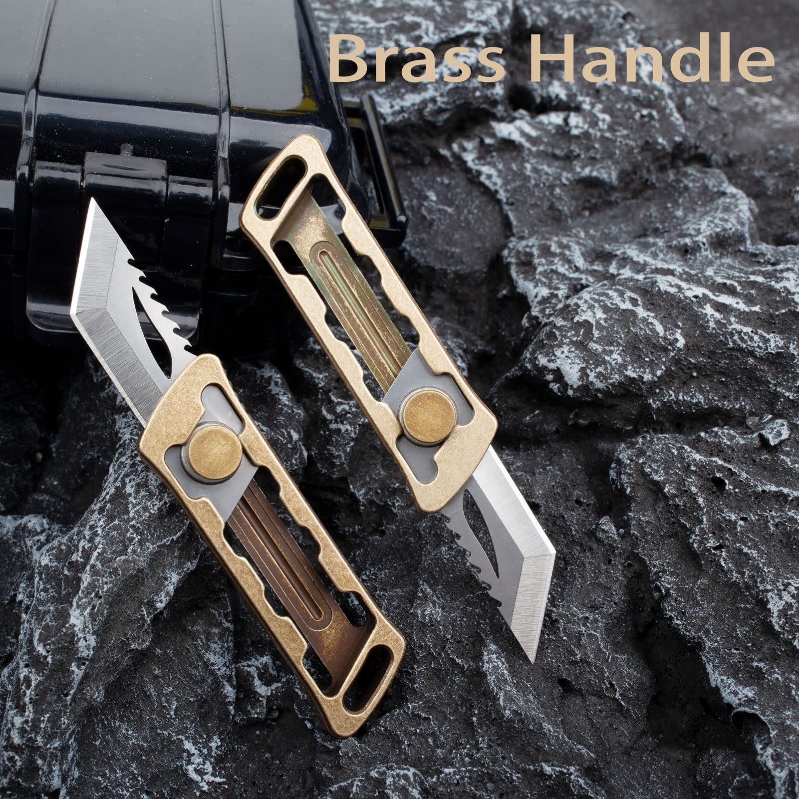 TENCHILON TK26 Mini Retractable Utility Box Cutter Keychain Knife, 1.2 inches D2 Tanto Blades, 2.6 inches Tumbled Skeletonized Brass Handles, Small Pocket EDC Cutting Tool Knives