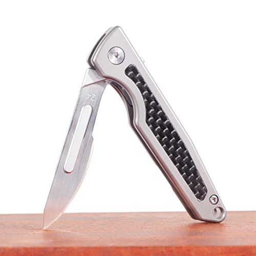 TENCHILON TC31 Small Folding Scalpel Pocket Flipper Knife, 3.1 inches Titanium Carbon Fiber Handle, Mini EDC Utility Box Cutter Knives