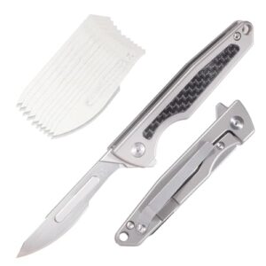 tenchilon tc31 small folding scalpel pocket flipper knife, 3.1 inches titanium carbon fiber handle, mini edc utility box cutter knives