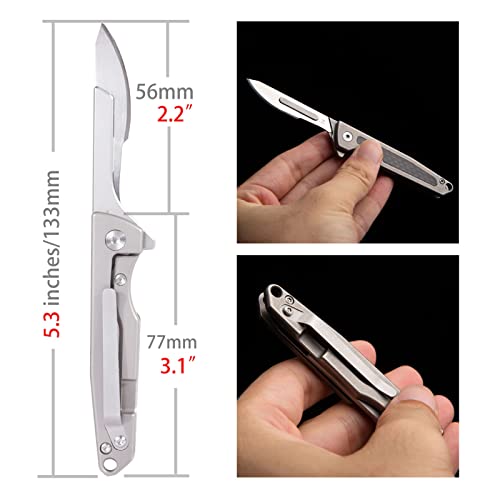 TENCHILON TC31 Small Folding Scalpel Pocket Flipper Knife, 3.1 inches Titanium Carbon Fiber Handle, Mini EDC Utility Box Cutter Knives