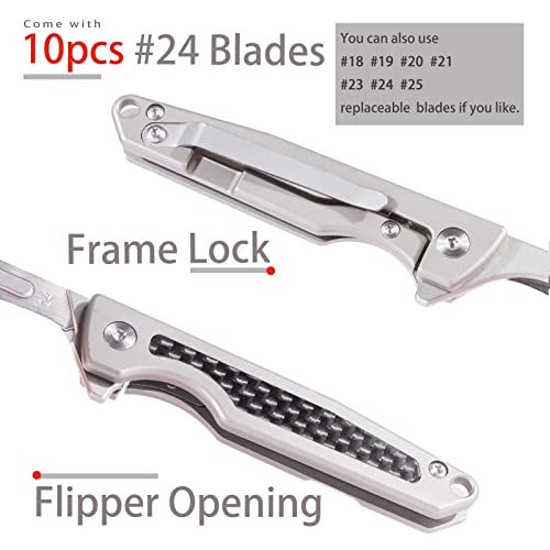 TENCHILON TC31 Small Folding Scalpel Pocket Flipper Knife, 3.1 inches Titanium Carbon Fiber Handle, Mini EDC Utility Box Cutter Knives