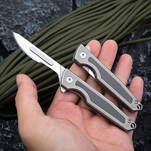 TENCHILON TC31 Small Folding Scalpel Pocket Flipper Knife, 3.1 inches Titanium Carbon Fiber Handle, Mini EDC Utility Box Cutter Knives