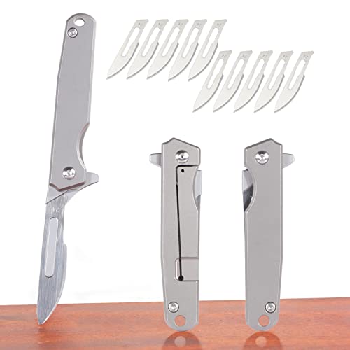 TENCHILON T30 Mini Titanium Flipper Folding Pocket Scalpel Knife, 10pcs #24 Blades, 3 inches Handle with Frame Lock, Tiny Small Micro EDC Knives for Men Women