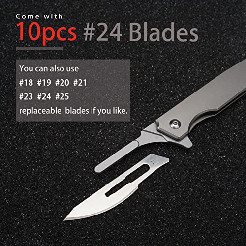 TENCHILON T30 Mini Titanium Flipper Folding Pocket Scalpel Knife, 10pcs #24 Blades, 3 inches Handle with Frame Lock, Tiny Small Micro EDC Knives for Men Women