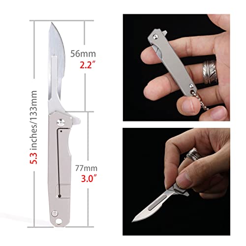 TENCHILON T30 Mini Titanium Flipper Folding Pocket Scalpel Knife, 10pcs #24 Blades, 3 inches Handle with Frame Lock, Tiny Small Micro EDC Knives for Men Women