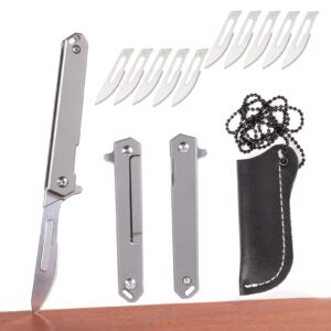 tenchilon t31 mini slim titanium flipper folding scalpel pocket knife, 10pcs #24 blades tiny small micro edc keychain knives for men women