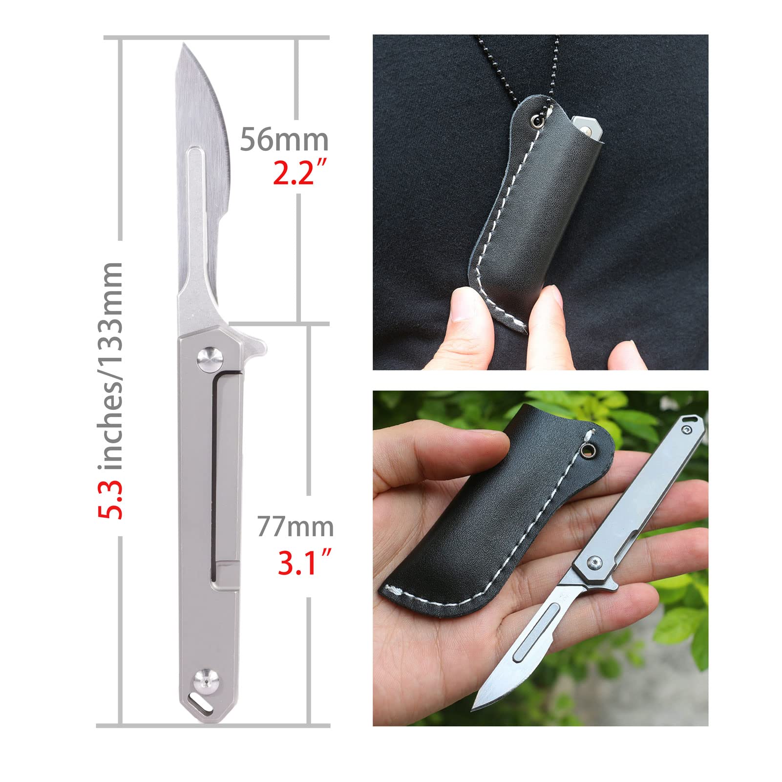 TENCHILON T31 Mini Slim Titanium Flipper Folding Scalpel Pocket Knife, 10pcs #24 Blades Tiny Small Micro EDC Keychain Knives for Men Women