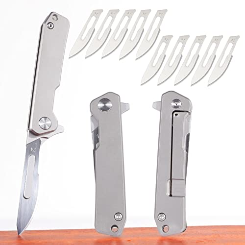 TENCHILON T29 Mini Titanium Folding Scalpel Pocket Flipper Knife, 10pcs #24 Blades, 2.9 inches Handle with Frame Lock, Tiny Small Micro EDC Keychain Knives for Men Women