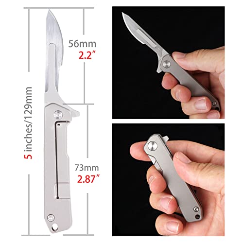 TENCHILON T29 Mini Titanium Folding Scalpel Pocket Flipper Knife, 10pcs #24 Blades, 2.9 inches Handle with Frame Lock, Tiny Small Micro EDC Keychain Knives for Men Women