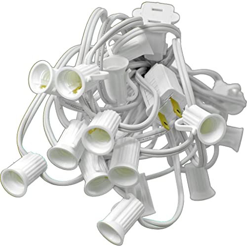 EST. LEE DISPLAY L D 1902 Outdoor Patio String Light Cords with Male & Female Plugs Green & White Wire 12in Spacing Sockets, 25FT Length (White, C7 - E12)