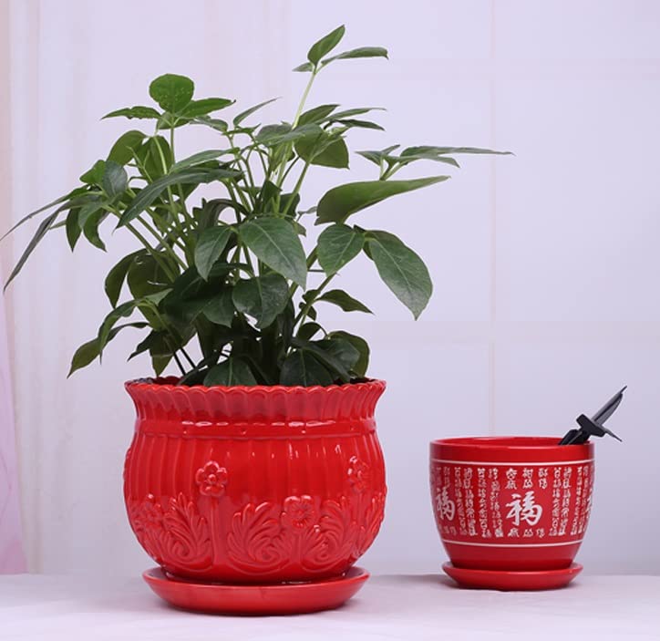 WANIYA1 Chinese Red Ceramic Flower Pots Large Plant Pots for Birthday Wedding Container Indoor Succulent Planter Flower Pot Landscape Decoration Vase Outdoor Garden Ceramic Bonsai Pots, 14cm*12cm