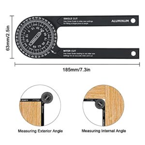 YOURCARE Miter Saw Protractor Angle Finder, 7 Inch Aluminum Miter Protractor, 360 Degree High Precision Miter Angle Finder, Angle Protractor Tool Woodworking, Crown Molding, Baseboard, Black (1 Pack)