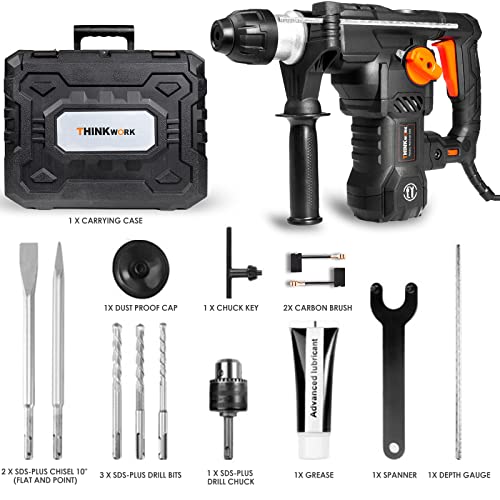 THINKWORK Rotary Hammer Drill, 1-1/4 Inch, 13 Amp, Heavy Duty SDS-Plus Demolition Hammer with 4 Functions Double Insulation Damping System Safety Clutch, for Concrete, Metal & Stone