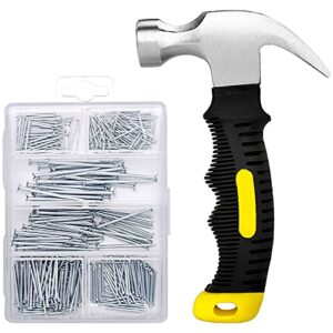 376pcs hardware nails assortment kit and 8oz small claw hammer,mini hammer with anti-slip handle,nails for hanging pictures,maximum length 2 inches nails,finishing nails for household and diy