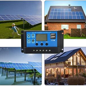 BONATECH 10A 20A 30A Solar Controller Street Light Intelligent System Charge Controller Solar Panel Charger Controller 12V/24V Multi-Function Adjustable LCD Display with Dual USB Port (YJSS10)