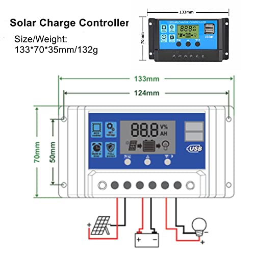 BONATECH 10A 20A 30A Solar Controller Street Light Intelligent System Charge Controller Solar Panel Charger Controller 12V/24V Multi-Function Adjustable LCD Display with Dual USB Port (YJSS10)