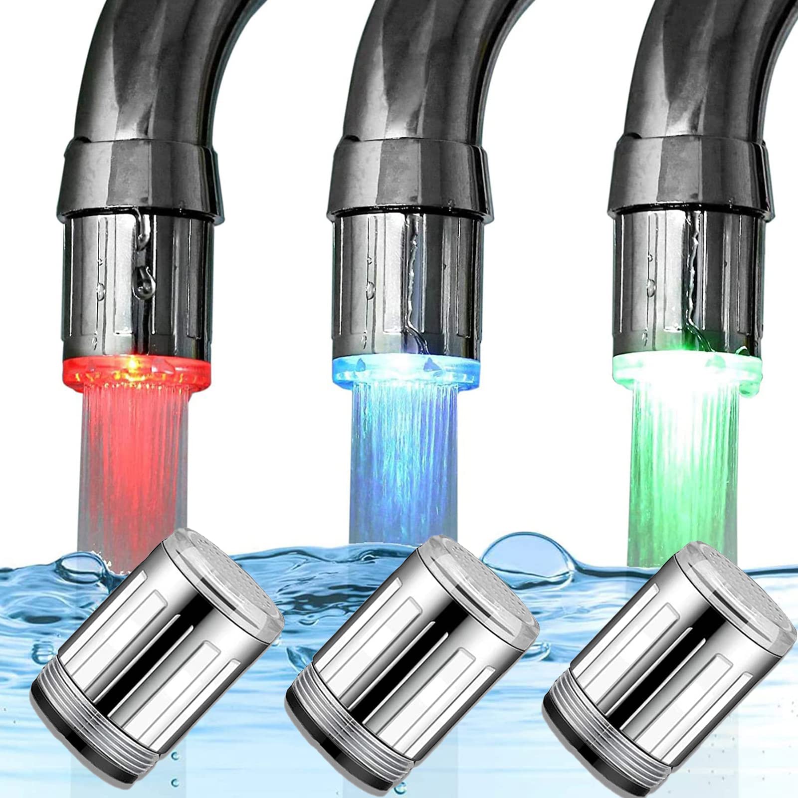 3 Pieces 3-Color Temperature Sensitive Gradient LED Water Faucet Light Water Stream Color Changing Faucet Tap Sink Faucet for Kitchen and Bathroom