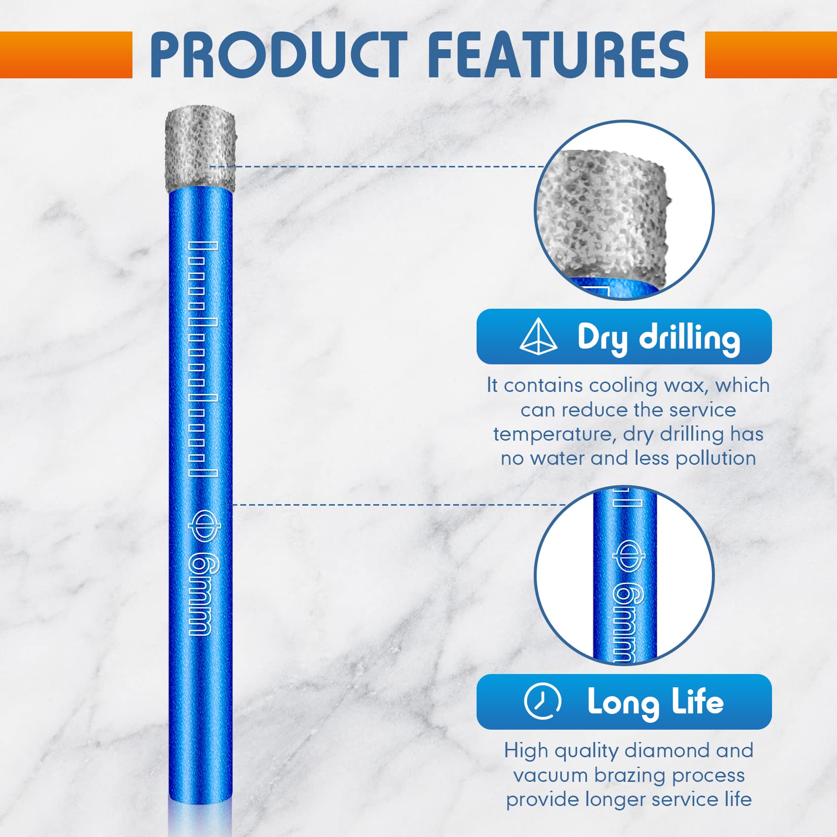 Dry Diamond Drill Bits Set 10 PCs 1/4" 6mm Small Diamond Hole Saw Kit for Granite Marble Porcelain Tile Ceramic Stone Glass Hard Materials (not for Wood) Round Shank