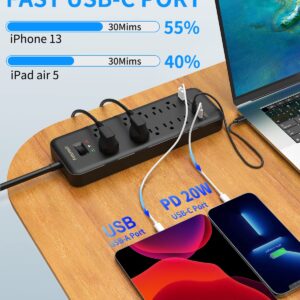 Surge Protector Power Strip with USB, Silicone Extension Cord with 10 Outlets 3 USB Charging Ports and 1 USB-C Charging Port, 1875W/15A Overload Surge Protection, Gift for Mother's Day