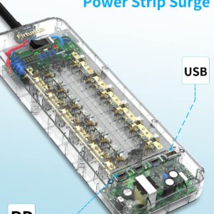 Surge Protector Power Strip with USB, Silicone Extension Cord with 10 Outlets 3 USB Charging Ports and 1 USB-C Charging Port, 1875W/15A Overload Surge Protection, Gift for Mother's Day