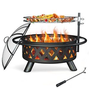 amopatio fire pit for outside, 30 inch large outdoor wood burning fire pits, patio backyard firepit with steel bbq grill cooking grate, spark screen & poker for garden, bonfire, camping, picnic
