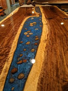 black walnut blue epoxy river dining table,top 7' 6" long by 40" to 44 wide