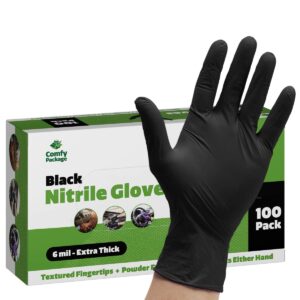 comfy package, black nitrile disposable gloves 6 mil. extra strength latex & powder free, chemical resistance, textured fingertips gloves - medium [100 count]