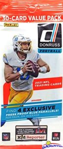 2021 donruss football huge factory sealed jumbo fat cello pack with 30 cards including (4) exclusive blue parallels! look for rc & auto of trevor lawrence, mac jones, justin fields & more! wowzzer!