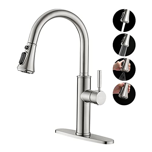 Kitchen Faucet, Kitchen Sink Faucet, 4 Functions Spray Head, Sink Faucet, Four Modes Pull-Down Kitchen Faucets, Bar Kitchen Faucet, Brushed Nickel, Stainless Steel, RULIA RB1035