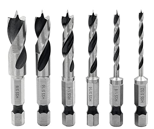 Saipe 6pcs 1/4" Quick Change Hex Shank Wood Brad Point Stubby Short Drill Bit Set HSS 4241 Woodworking Drill for Right Angle Drill and Used in Tight Spaces